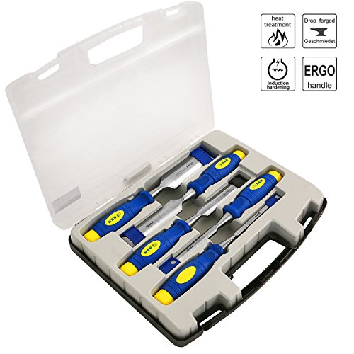 S&R Stechbeitelsatz 5 Stück: 6, 12, 20, 25, 32mm, Mehrkomponenten-Hüllen, Professional, im transparenten Koffer