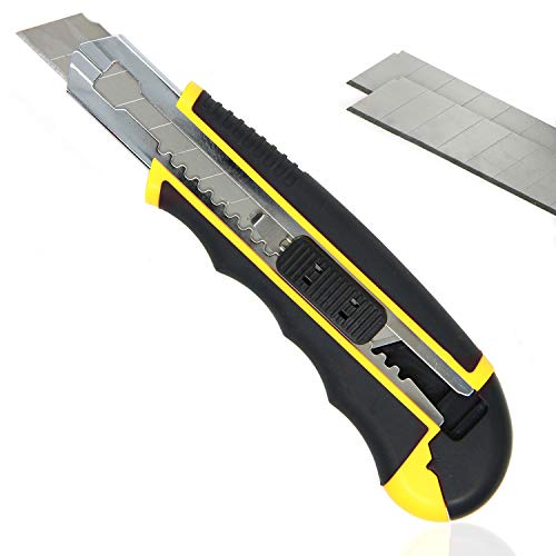 PRETEX Cuttermesser mit gummiertem Griff und 2 Ersatzklingen | Teppichmesser, Universalmesser