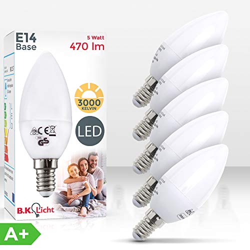 B.K.Licht 5er Set 5W LED-Birnen – Energiesparende Leuchtmittel mit E14 Fassung für drinnen – Ersetzt 40W Halogen-Lampe – Kerzenform – 470 Lumen – 3000K warmweiß