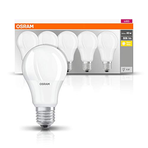 Osram LED Base Classic A Lampe, Sockel: E27, Warm White, 2700 K, 8, 50 W, Ersatz für 60-W-Glühbirne (5 Stück)