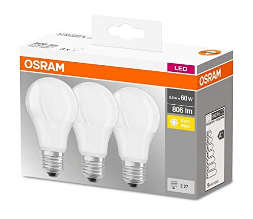 Osram LED Base Classic A Lampe, in Kolbenform mit E27-Sockel, nicht dimmbar, Ersetzt 8.5W=60Wt, Matt, Warmweiß – 2700 Kelvin, 3er-Pack