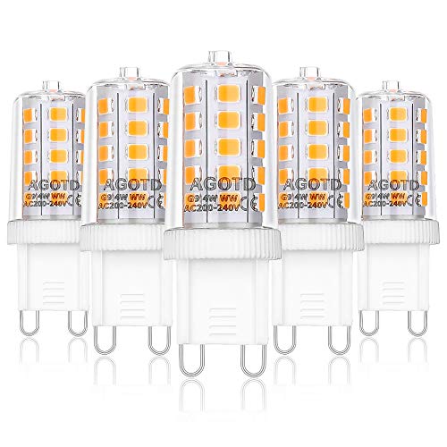 AGOTD 4W G9 LED Lampe, 400 Lumen, 2700k warmweiß Kein Flackern LED Leuchtmittel, Nicht Dimmbar 360 Grad Winkel, Ersatz 40W G9 Halogenlampe, 5er Pack